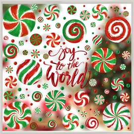DULEFUN Christmas Window Clings, Candy Window Clings Decals Oil Painting Christmas Red Green Candy Stickers for Xmas Party Home Office Decor Winter Holiday Glass Window Decoration