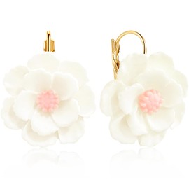 JOONL Handmade Resin Rose Flower Dangle Drop Earrings Camellia Leverback Earring for Women (White)