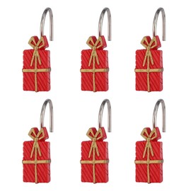 Two Fish Home Fashions Set of 12 Decorative Christmas Tree Resin Shower Curtain Hooks, Christmas Tree Resin Curtain Rings Pack of 12 (Red Gifts Box)