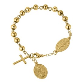 HENGBOFENG Gold Bracelets for Women and Men,Catholic Virgin Mary Cross Bracelet,Stainless Steels Bead Charm Link Chain Rosary Bracelets,Religious First Communion Confirmation Baptism Jewelry Gifts