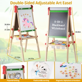Kids Art Easel with Paper Roll for Toddlers, Adjustable Double Sided Magnetic Drawing Board Dry Erase Whiteboard & Chalkboard，Easel for Toddlers 2-4 Years Painting Wooden Easel Kids 4-8