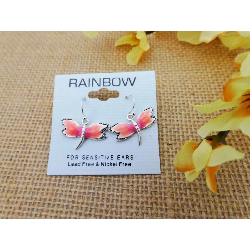 Rainbow Pink Butterfly Earrings Drop Dangle Silver Trim Hook Fasteners