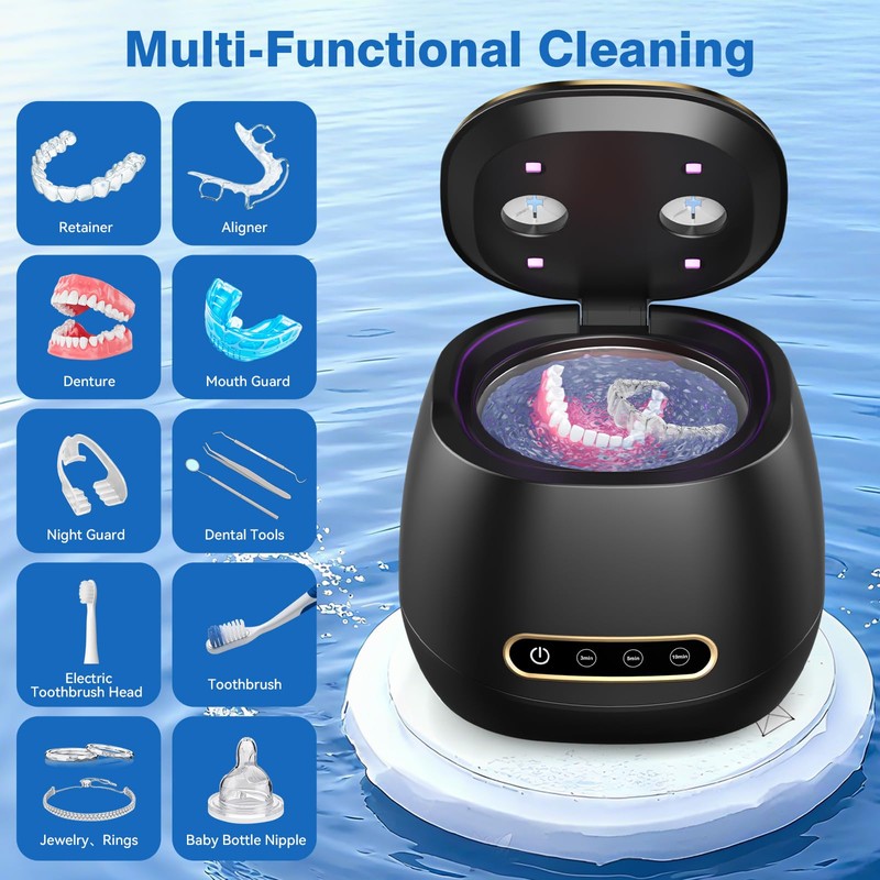 Rechargeable Ultrasonic Retainer Cleaner Machine, 45kHz Portable Cleaner for Dentures,