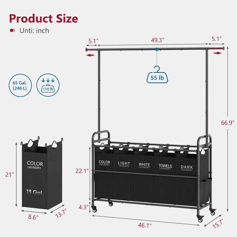 Tajsoon Laundry Sorter with Hanging Rack, Laundry Sorter 5 Sections,
