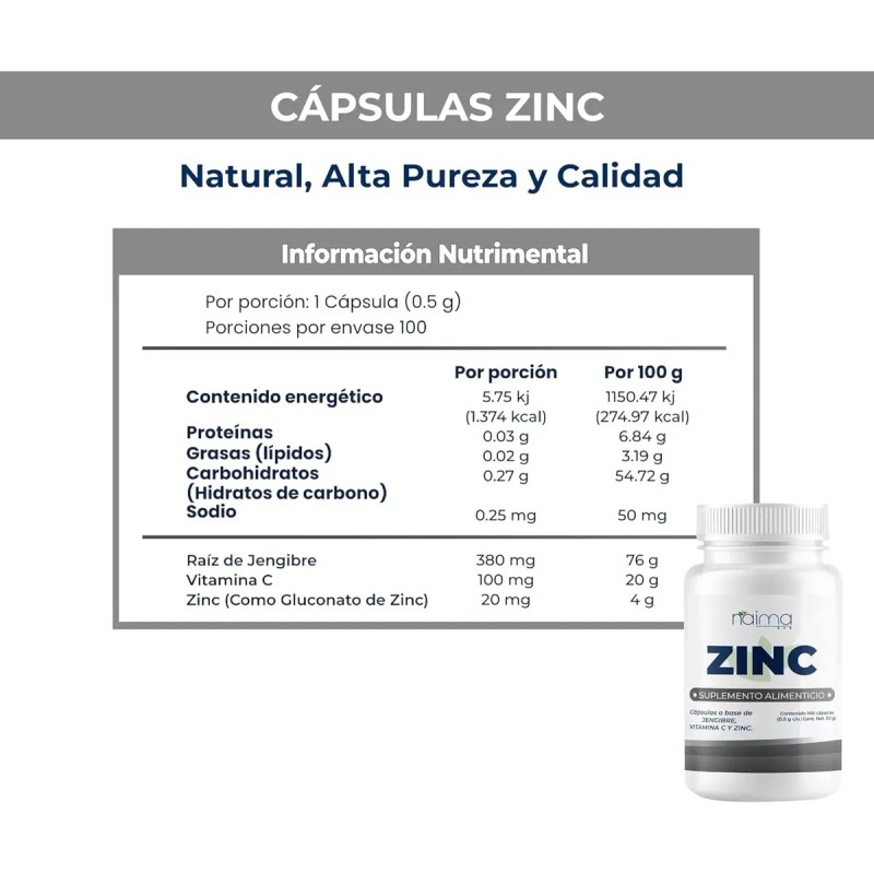 Naíma Zinc 500mg Vitamina Jengibre 100 Cápsulas Gluten