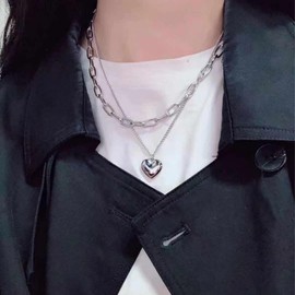 Xmsrn Vintage Layered Heart Pendant Necklace Puffy Heart Love Necklace Silver Layering Love Heart Choker Necklace Punk Paperclip Chain Necklace for Women