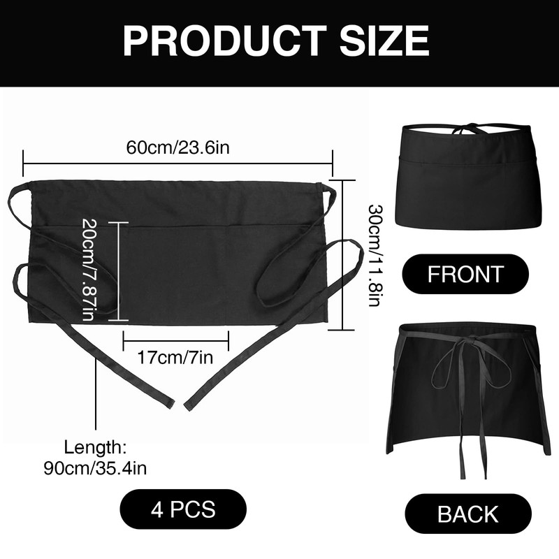 Xumann 4 Pcs Black Half Waitress Apron, Short Cleaning Waist
