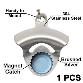 Jumiok Magnetic SUS304 Stainless Steel Bottle Opener Wall Mounted Beer Cap opener Silver Mountable for Beer Lover Gifts