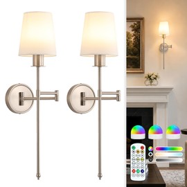 ECOBRT Battery Operated Wall Sconces Set of 2, Brushed Nickel Wireless Rechargeable Dimmable Wall Lights with 9 RGB Colors, Swing Arm Wall Lamp with Remote Timer for Bedroom Living Room
