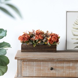 Dahey Centerpiece Table Decorations for Dining Room Farmhouse Living Room Table Centerpieces Decor Wood Tray with 3 Artificial Flowers and 2 Eucalyptus for Kitchen Table, 14.1" x 4.7" x 3.1", Orange