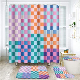 Arttown Retro Checkered Bathroom Sets with Shower Curtain and Rugs and Accessories, Aesthetic Colorful Shower Curtain Sets,Funky Checkerboard Shower Curtains for Bathroom,Modern Bathroom Decor 4 Pcs