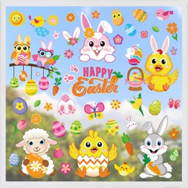 Whaline 9 Sheets Easter Window Clings Cartoon Egg Bunny Rabbit Chick Sheep Window Decals Double-Sided Spring Windows Decor for Home Office School Shop Glass Display Party Supplies