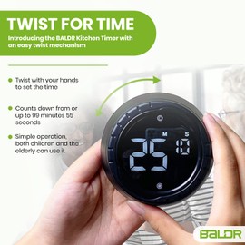Baldr Kitchen Timer - Smart Countdown/Count Up Digital Timer with Rotating Desk Display, Quiet & Beeping Alerts, Strong Magnetic Backing - for Kitchen & Classroom (Black)