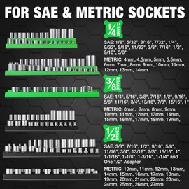 ALOANES 143-Slot Magnetic Socket Organizer, 6PC Socket Tray Holders for 1/2-inch, 3/8-inch, 1/4-inch Drive,for Standard and Deep Metric SAE Sockets, Heavy Duty Tool Organizer(Green&Black)