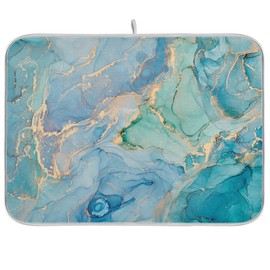 Marble Dish Drying Mat for Kitchen Counter Blue Teal Turquoise Gold Drying Mat 16 x 18 Inch with High Absorbent Reversible Microfiber Dish Drying Pad Dish Rack Pad Drainer Mat for Coffee Bar