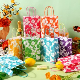Teling 24 Pcs Hibiscus Party Favor Hawaiian Themed Paper Bag with Handles Summer Tropical Gift Tiki Luau Treat Hawaii Goodie Bags Kids Birthday Party Supplies Multicolor 8.3 x 6 x 3