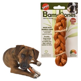 SPOT Bam-Bones Braided Stick - Made with Strong Bamboo Fiber, Durable Long Lasting Dog Chew Toy for Light to Moderate Chewers, for Dogs & Teething Puppies Under 30lbs, 5.75in, Hickory Smoke Flavor