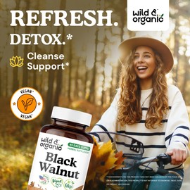 Wild & Organic Black Walnut Capsules 900 mg - Detox & Cleanse Support - Black Walnut Hull Powder Supplement - Juglans Nigra Herb - 45 Days of Supply - Vegan, No Fillers, Non-GMO - 90 Count