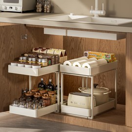 2 Tier Under Sink Organizer and Storage Rack, Under Sink Organizer, Slide Out Pull Out Cabinet Organizer, Metal Slide Drawer for Kitchen Bathroom Food Pantry Cabinet Closet Organizers (White, 1 PC)