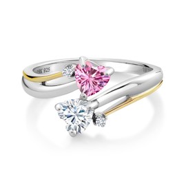 Gem Stone King 2-Heart Couple Mother Engagement Ring for Women | 925 Silver 10K Yellow Gold | 5MM Heart Gemstone Birthstone Moissanite and Lab Grown Diamond Ring | Pink Moissanite-April | 8
