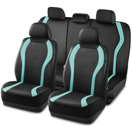 PIC AUTO Leather Car Seat Covers, Premium Automotive Waterproof Front & Rear Full Set Bucket Car Seat Protectors, Black and Mint PVC Patchwork, Fits for Cars, Trucks, Van, SUV, Airbag Compatible