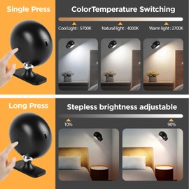 LED Magnetic Wall Light-Stepless Dimming Wall-Mounted Lamp, 3-Tone, 360° Rotation, Quick Install, Strong Adhesive, Cordless, Rechargeable, Touch Operated Sconce for Bedside & Beyond (Black-2pcs)