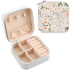 MAYCARI White Leather Square Travel Makeup Bag Floral Art Flowers Leather Makeup Case Portable Jewelry Organizer Case for Women Daughter Mother Birthday Christmas Gifts