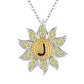 JUSTKIDSTOY Sunflower Necklace 925 Sterling Silver Initial Letter Necklace Sunflower Pendant Jewelry Gift for Women(J)