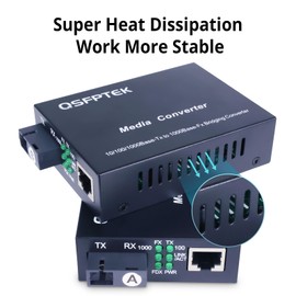 QSFPTEK A Pair 1.25G/s Bidi Fiber Media Converter, Gigabit Media Converter, 10/100/1000Base-Tx to 1000Base-FX Fiber Ethernet Coverter, Singlemode SC Bidi Transceiver TX1310nm/TX1550nm, 10Km