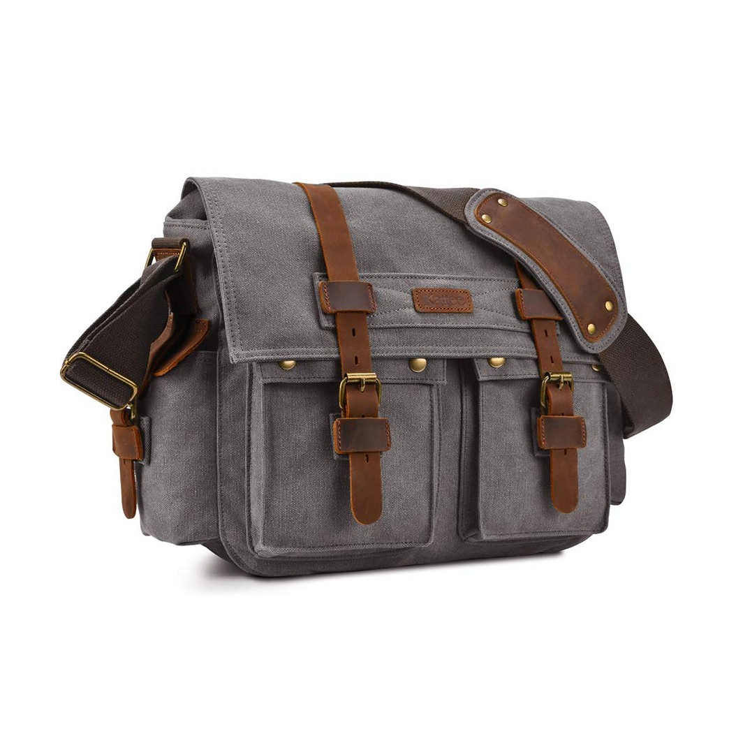 Kattee Military Messenger Bag Canvas Leather Shoulder Bag Fits 14.7/15.6 Inch Laptop