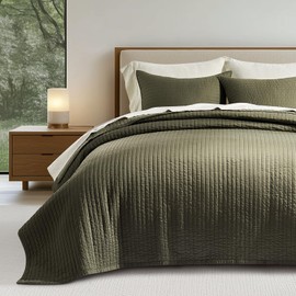 EVERGRACEHOME Cotton Sateen Quilt Set Queen Size, Pre-Washed Cotton Channel Stitch Coverlet Bedspread, 3 Pieces Lightweight Soft Bedding Sets for All Season, with 2 Pillow Shams, Olive Green