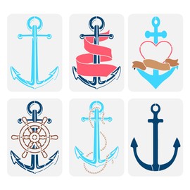 FINGERINSPIRE Pack of 6 Anchor Painting Stencils 29.7 x 21 cm Reusable 6 Styles Anchor Rudder Love Drawing Template DIY Summer Nautical Theme Decor Stencil for Painting on Wood Wall Fabric Furniture