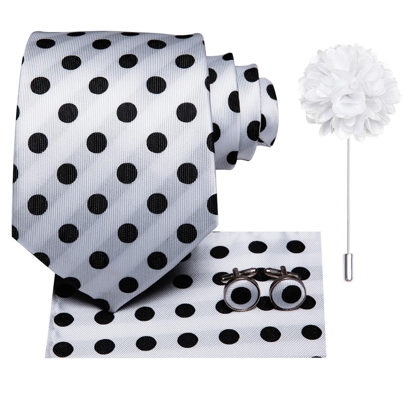 Hi-Tie Men's Tie Lapel Pin Set White Black Dots Pocket