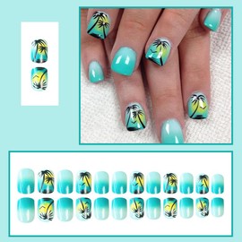 24 Pcs Extra Short Press On Nails Square,YEFIUO Summer Fake Nails Press ons Nail Art Tip Acrylic Nail Kit Glue on Nails Full Cover False Nail with Turquoise Coconut Tree Glossy Design for Ma'am