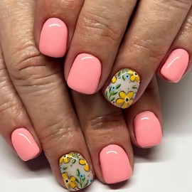 Peach Pink Press on Nails Short Square Fake Nails with Design Flower Glue on Nails Spring Nails Glossy Reusable Leaf False Nails Summer Nails for Women Girls Manicure 24pcs