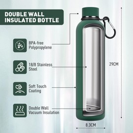 Exllena Insulated Water Bottles 1L with Water Bottle Buckle, Double Wall Stainless Steel Water Bottles 12 Hrs Hot/24 Hrs Cold, BPA Free for Gym, Camping, Hiking (Emerald Green)