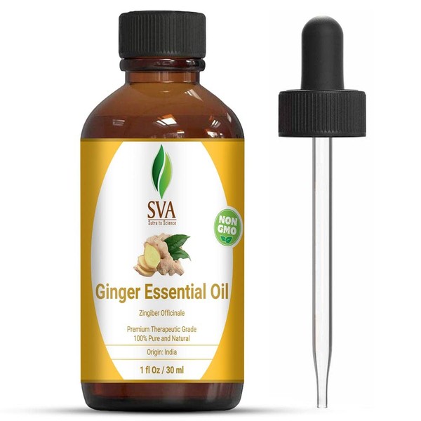 SVA Organics Ginger Essential Oil 30 ml (1 Oz) in Glass Bottle with Dropper - 100% Pure and Natural Therapeutic Grade Essential Oil for Aromatherapy, Skin Therapy, Hair & More