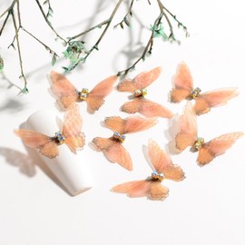 BAIYIYI 10Pcs 3D Butterfly Nail Rhinestones Charms Nail Sticker Double Layer Colorful Organza Butterflies Fabric Butterfly for DIY Crafts Jewelry Wedding Hair Clip Nail Art Supplies