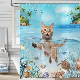 Hnmdmyi Funny Cat Shower Curtain 180x180, Cute Kitten Swimming in Blue Ocean Sea Turtle Tropical Fish Starfish Coral Kids Bathroom Shower Curtains Waterproof Polyester Fabric Washable Bath Curtains