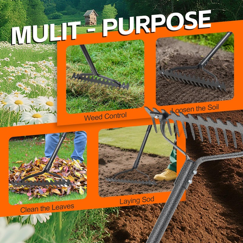 Bow Rake, 63" Adjustable Long Handle Lawn Leveling Garden Rake