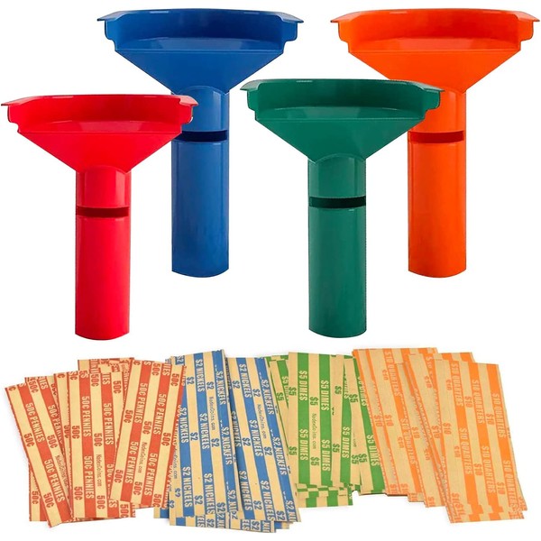 252 Coin Wrappers with Coin Sorter Tubes - Funnel Shaped Color-Coded Coin Counter Stacking Roll Sorting Tubes