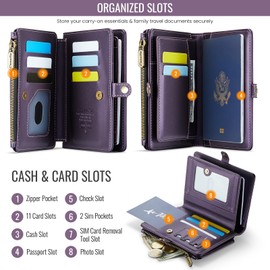 Passport Holder Wallet, 12 Card Slots RFID Blocking Travel Organizer, Zippered Coin Pocket & Detachable Wrist Strap Secure AMagnetic Closure Passport Case for Men & Women (Purple)