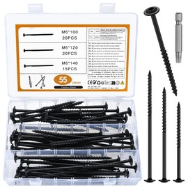 55 Pcs M6 Wood Screws Assortment, Decking Screws, Torx Screws Set, Torx Drive Wafer Head Cabinet Screws, Washer Head Screws, Self Tapping Screws for Furniture Terrace Screws, 6 x 100mm/120mm/140mm