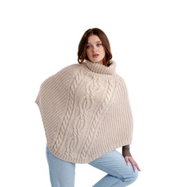SAOL Women's 100% Merino Wool Cable Knit Irish Aran Poncho Cardigan, parsnip, One Size