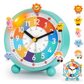PIXESTT Children's Alarm Clock for Back to School, No Ticking Noise, with Night Light and Snooze Function, with 5 Alarm Clock Decoration, Suitable for Learning, Sleep Wake-up