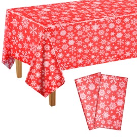 PLULON 2Pcs Christmas Tablecloths Snowflakes Table Cover Plastic 137 x 274cm Rectangle Red Table Cloth for Christmas Party Winter Holiday Home Table Decorations Xmas Party Supplies