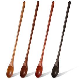 Dansib 4 Pcs 13 Inch Long Handle Wooden Spoons for Cooking Long Handle Tasting Tea Spoon Wooden Utensils Vintage Stirrer for Kitchen Soup Coffee Cocktail Honey Mixing Stirring, 4 Colors