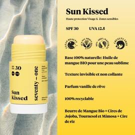 SeventyOne Percent Sun Kissed: Sun Stick SPF 30, Sun Stick Face & Sensitive Zones, Vegan, Very High Protection, Very Waterproof, Very Waterproof, 80% Natural, Made in France, 15 ml
