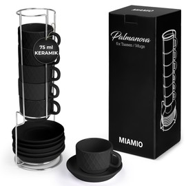 MIAMIO 6 x 75ml Espresso Cups/Espresso Cups Set with Stand Stoneware Ceramic - Palmanova Collection (Black)