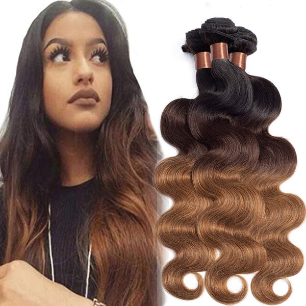 Cranberry Ombre Brazilian Hair Body Wave 3 Bundles 3pcs,Ombre Brazilian Virgin Human Hair Weaves Extensions Wefts 3 Tone 1b/4/30 Color 100g/pc(12 14 16inch)